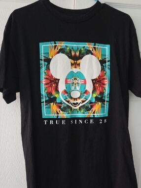 Disney Black Short-Sleeve Tee with Colorful Floral Mickey Graphic